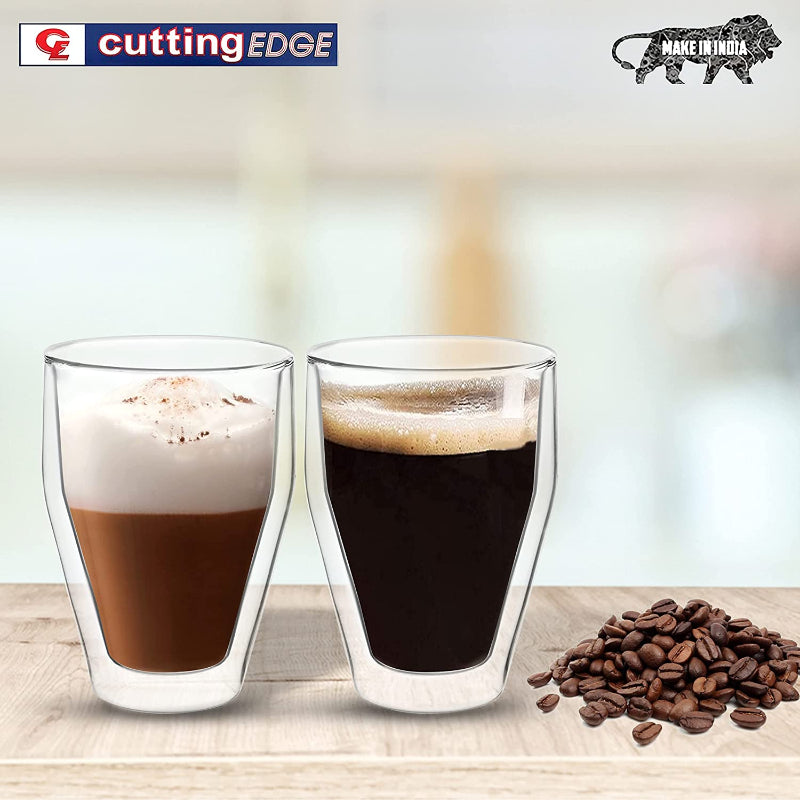 Cutting EDGE Iris Double Wall Heat Resistant Borosilicate Clear Tea Coffee Cup with Handle Glass Coffee Mug