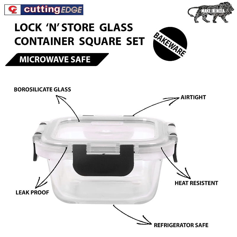 Cutting EDGE Borosilicate Glass Container with Lid Square Glass Container Microwave Safe for Kitchen