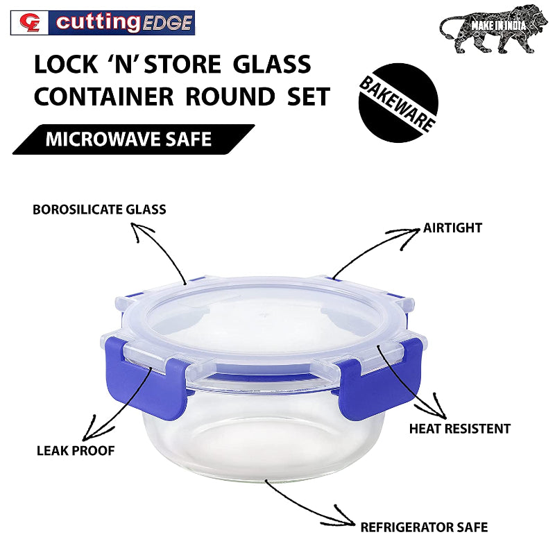 Cutting EDGE Borosilicate Glass Container with Lid Safe Lock Round Glass Food Container Microwave Safe for Kitchen, Cooking & Dining