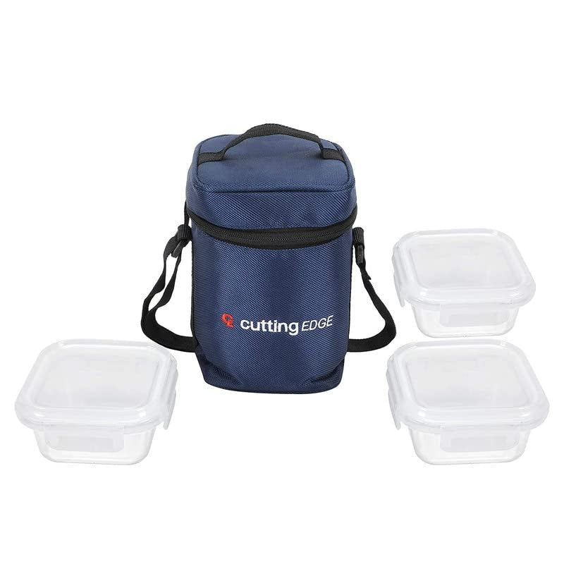 Cutting EDGE Round Glass Food Storage Lunch Box with Break Free Lock and Lunch Bag, Microwave Safe, High Borosilicate, Leak Proof, Plain Lid