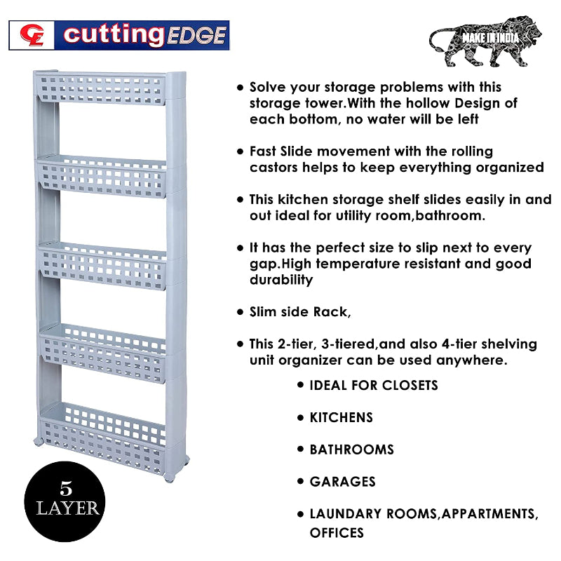 Cutting EDGE 2 Layer SLIM Classic All-White - Smart Storage Multi Layered Shelf Basket Rack Organizer / Multipurpose & Easy-To-Move Slide Out Shelf Rack, Ecoplastic Trolley