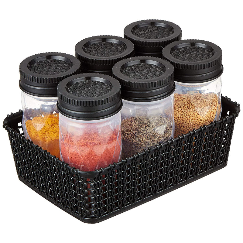 Cutting EDGE Food Grade Twister Airtight Plastic Jars with Basket, Diamond Checkers Container - For Spices, Dry Fruits, Cereals, Snacks, Stackable & BPA Free (Set of 6 Clear Jar + Basket, Black Lid)